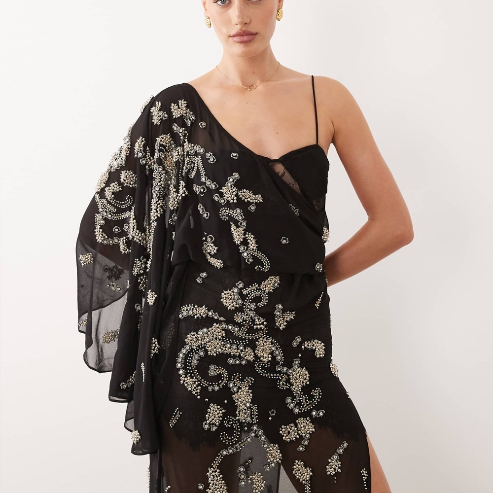 ASOS DESIGN draped batwing sleeve embellished maxi dress with lace in black - Picture 2 of 4